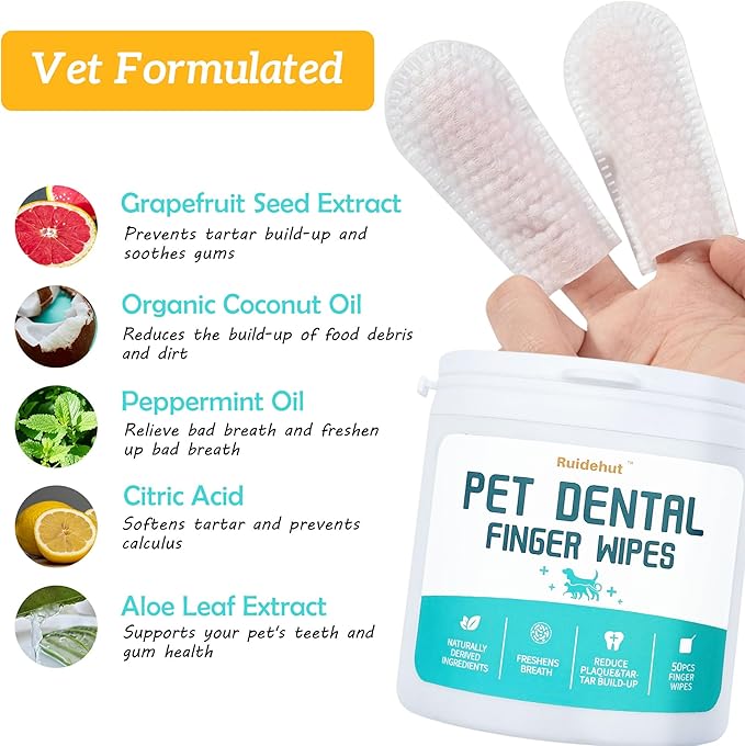 Pet Dental Finger Wipes, Dog & Cat Teeth Cleaning, Plaque Control & Breath Freshening, Regular Size, Suitable for Pet Toothbrushes (50 Count)