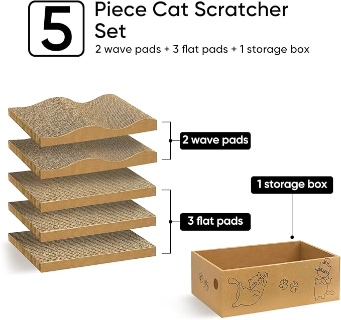 5 Packs Cat Scratcher Set with Storage Box, 2 Wave Lounge Pads + 3 Flat Corrugated Cardboard Scratch Pads for Indoor Cats, Replaceable Scratch Boards to Protect Furniture