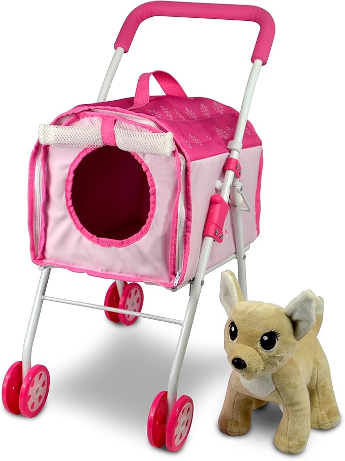 ANIVIA Pet Stroller and Accessories for Kids Ages 3 to 7 Year Olds, Dog Toy for Toddlers, 2 Pieces Play Dog Set, Puppy Party Playset with 1 Pet Puppy Included Pink
