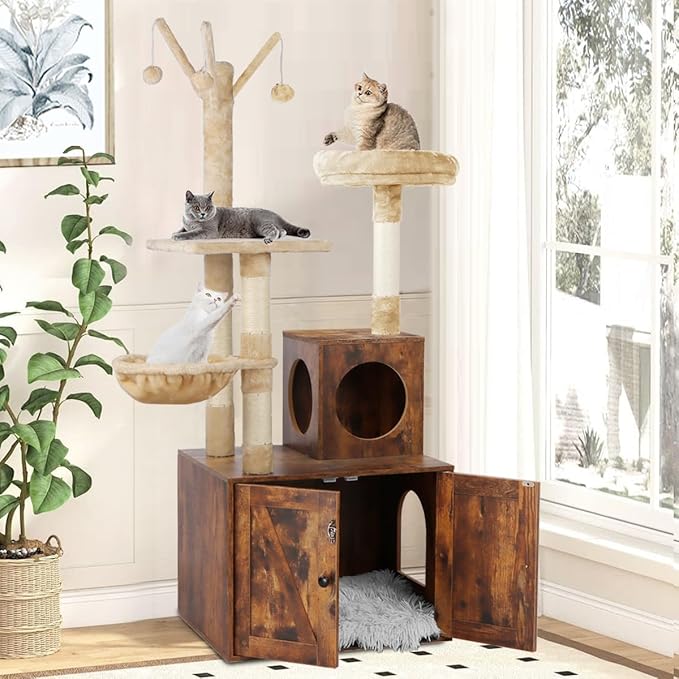 Timberer Cat Tree Tower with Litter Box Enclosure, 2-in-1 Wooden Cat Condo with Sisal Scratching Post, Hammock, Brown