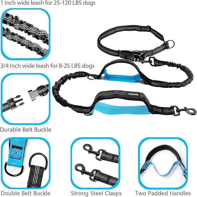 Uppetly Hands Free Dog Running Leash with Adjustable Waist Belt, Dual Handle Elastic Bungees Retractable Rope for Small and Medium Dogs, Reflective Stitches for Walking Hiking Biking (Large, 25-120lb)
