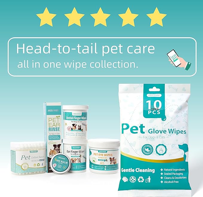 MEDUWEDU Dental Care Finger Wipes 60 Counts,Teeth Cleaning Finger Wipes for Dogs & Cats,Reduces Plaque & Supports Oral Freshness, Unscented