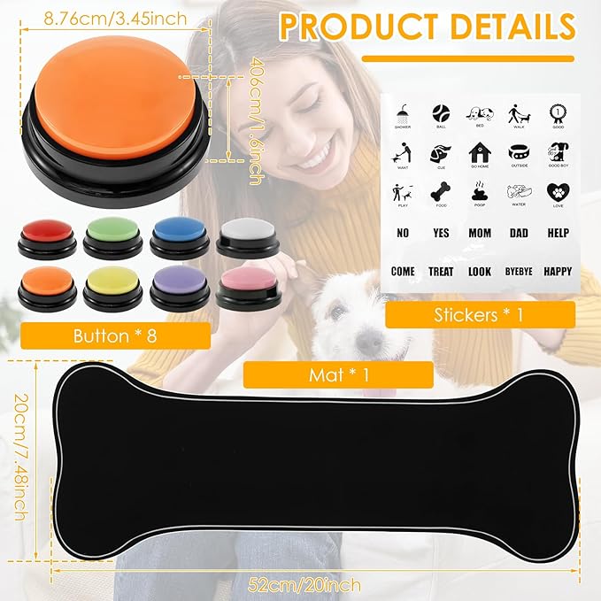 Dog Buttons for Communication, 8Pcs Dog Buttons Talk, Recordable Talking Training Buttons with Non-Slip Back Mat, Pet Buttons for Communication