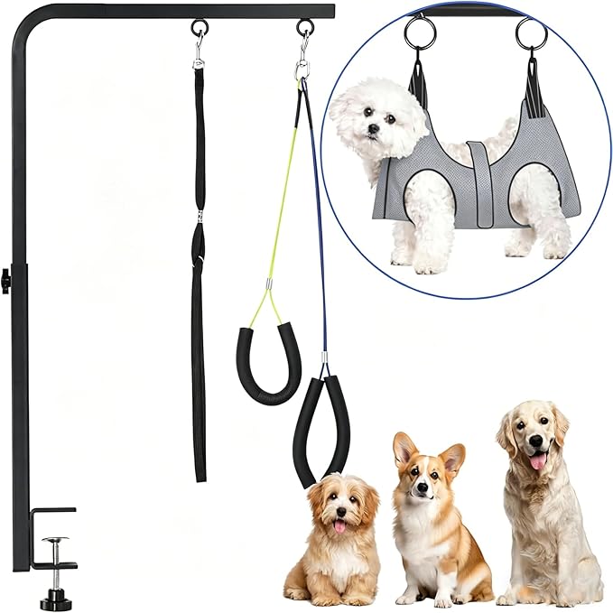 Adjustable Dog Grooming Arm with Clamp, 20″–30″ Height, Dog Grooming Table Arm with Hammock and No-Sit Holder, Grooming Restraint for Small Medium Dogs at Home or Salon