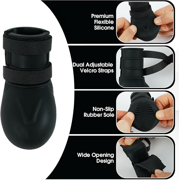Silicone Dog Rain Boots for Hot Pavement & Snow – Waterproof, Non-Slip Paw Protectors with Dual Adjustable Straps & Wide Opening for Easy On/Off Black M