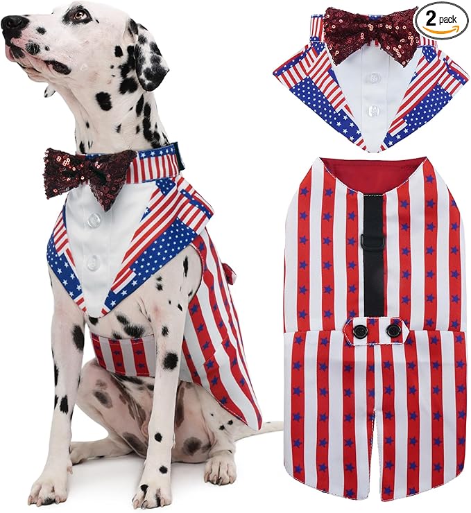 Kuoser Independence Day Dog Tuxedo Dog Suit and Bandana Set, 4Th of July Dog Costume American Flag Dog Outfit with Bow Tie for Large Medium Small Dogs Golden Retriever Samo Bulldogs, L