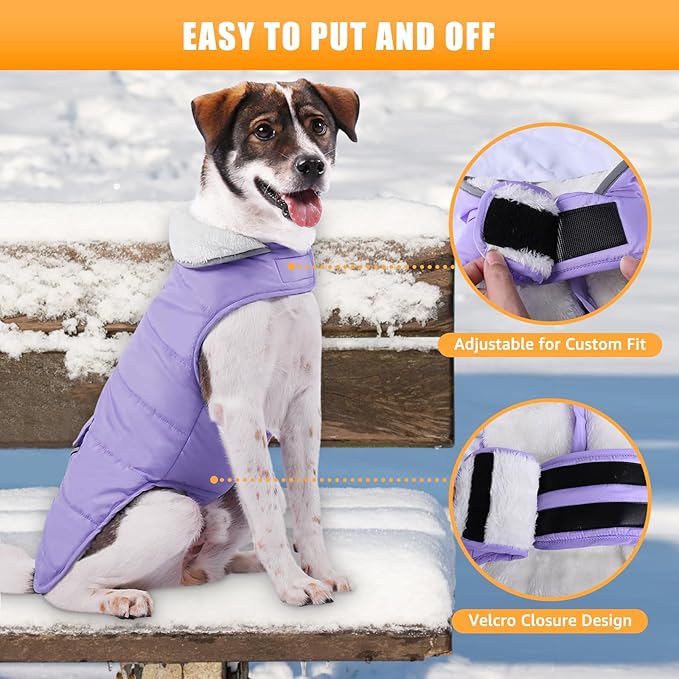 Dog Winter Coat for Large Dogs, Easy on Dog Snow Fleece Coat Velcro Waterproof Pet Puffer Clothes with Harness Hole Adjustable Reflective Quilted Pet Cold Weather Vest Wind-poof for Girl Female