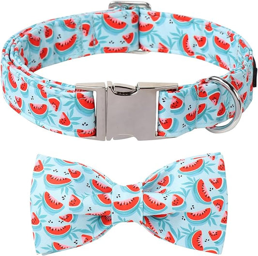 Lionet Paws Watermelon Dog Collar with Bowtie, Cute Summer Cyan Dog Collar for Girl for Large Dogs, Adjustable Cotton Pet Collars for Medium Large Dogs