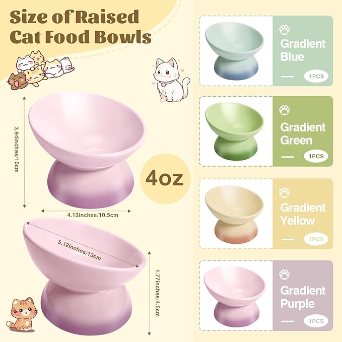 4Pcs Ceramic Raised Cat Bowl Elevated Cat Bowls Tilted Cats Food Dishes Pet Bowl Stand Feeder Cute Cats Bowl for Kittens Puppies Small Dog Whisker Fatigue Protect Kitten Spine(Gradient Color)