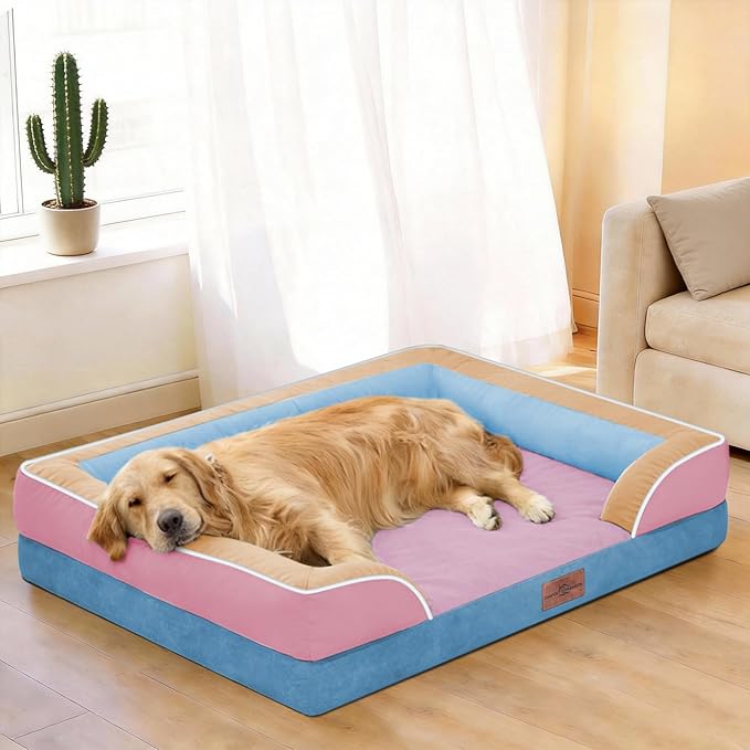 Comfort Expression Orthopedic Dog Bed for Extra Large Dogs 42x30 Inch, Waterproof Egg Crate Foam XL Pet Bed with Bolsters, Dog Couch with Washable Cover & Non-Slip Bottom, Bubblegum Cove