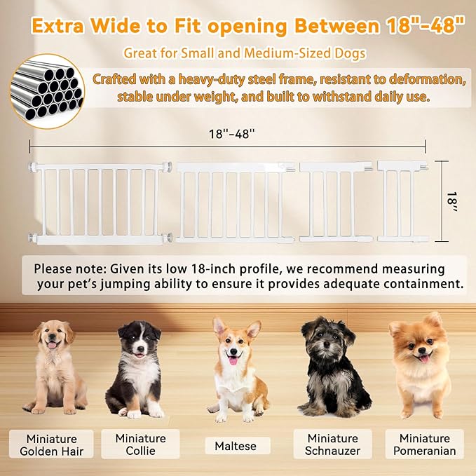 Dog Gate, SHYUJAJIE Adjustable Extra Wide Short Dog Gate,Small Pet Gate with 4 Extension Kits, Pressure Mounted for Doorways & Stairs (White, 18-48" W*18" H)