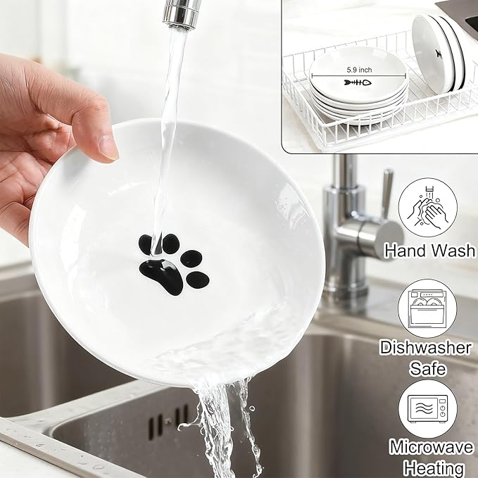 3 Pack Cat Food Bowl Ceramic Cat Bowls for Indoor Cats Plates Anti Whisker Fatigue Bowl Set，5.9 inch Wide Shallow Ceramic Cats Dishes for Food and Water (Cat's Paw+Fishbone)
