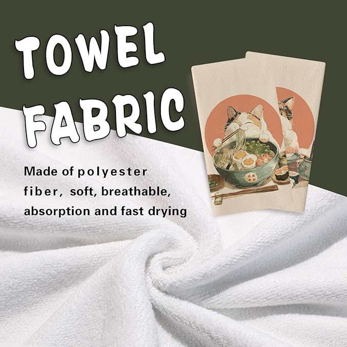 Funny Cat Japanese Food Kitchen Dish Towels Set of 2, Pet Sushi Ramen Noodles Drying Hand Towel Baking Cooking Cloth, Asian Cuisine Restaurant Dinning Room Home Decor 18'' x 26''