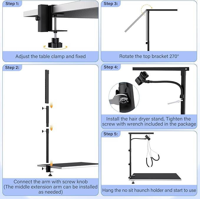 Dog Grooming Arm with Hair Dryer Stand, Adjustable 37'' Dog Grooming Table Arm with Clamp & Dogs Restraints for Grooming Small Medium Dogs Cats, Foldable Pet Grooming Stand at Home