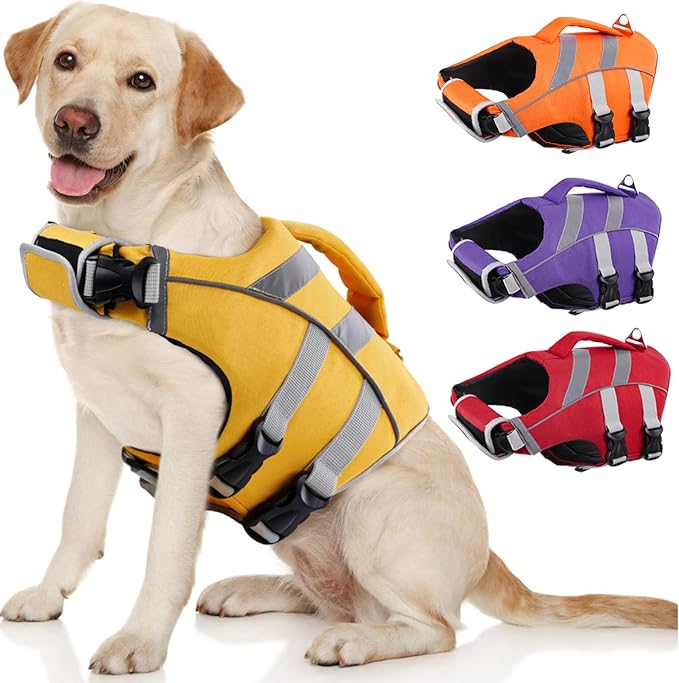 Kuoser Dog Life Jacket with Reflective Stripes, Dog Life Vest for Swimming Boating, Adjustable Pet Lifejackets with High Flotation, Doggie Swimsuit for Small Medium Large Dogs