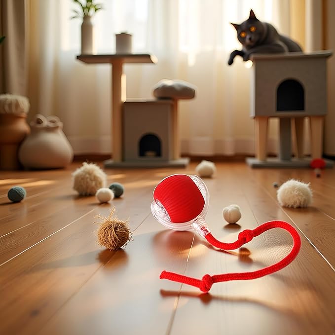 Interactive Dog Cat Toy Ball, Electric Automatic Rolling Moving USB Rechargeable Self Activated Stimulation Toy with Speedy Tail Rope for Indoor Cats and Dogs (Red)