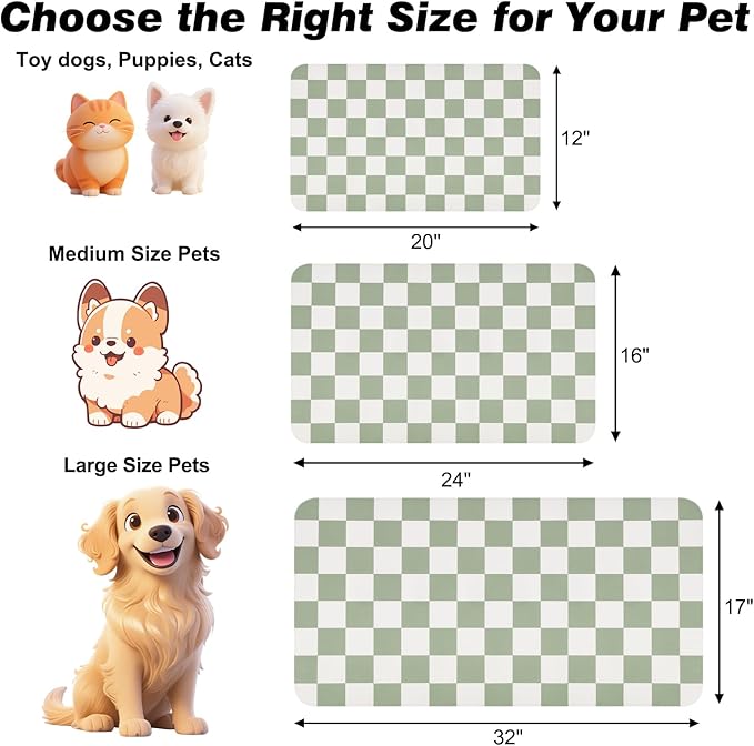 CooRug Checkered Dog Food Mat, Absorbent Leak-Proof Pet Feeding Mat, Quick Dry Cat Food Mat for Messy Drinkers 12" x 20" Green