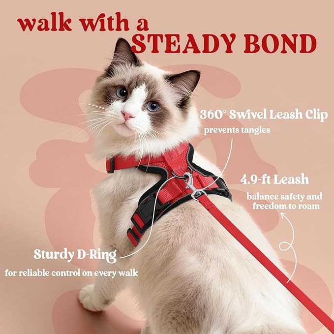 rabbitgoo Cat Harness and Leash Set, Escape Proof Kitten Harness for Safe Outdoor Walks, Soft Breathable Adjustable Vest with Reflective Strips for Kittens and Extra Small Cats, Red, XXS