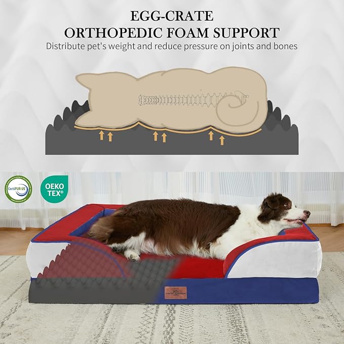 Comfort Expression Orthopedic Dog Bed for Large Dogs 36x27 Inch, Waterproof Egg Crate Foam Large Pet Bed with Bolsters, Dog Couch with Washable Cover & Non-Slip Bottom, American Flag 2