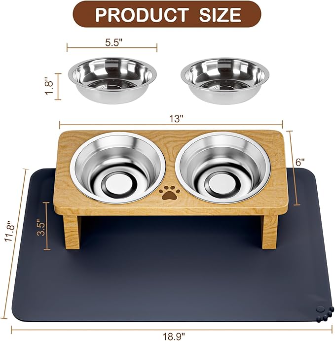 Elevated Cat Bowls, 15° Tilted Raised Cat Food Bowl with Solid Wood Stand & Stainless Steel Dishes, Cat Feeding Station with Silicone Mat, Helps Reduce Vomiting for Cats & Small Dogs(Natural)