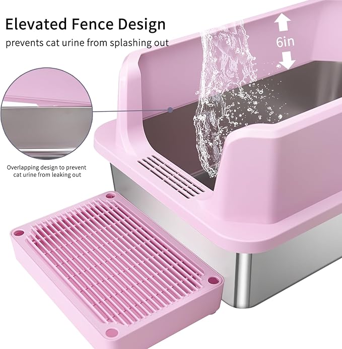 RIZZARI Large Pink Stainless Steel Cat Litter Box - Open-Top with Non-Stick Coating, High Sides Splash-Proof, Easy Clean for Cats up to 20 lbs, Ideal for Living Rooms & Apartments