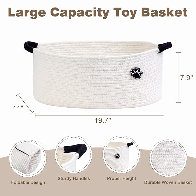 Optish Dog Toy Basket, Toy Storage Box and Bin with Handles, 19.7" X 11" X 7.9" (30L) Large Woven Rope Basket for Blankets, Living Room, Bedroom, White