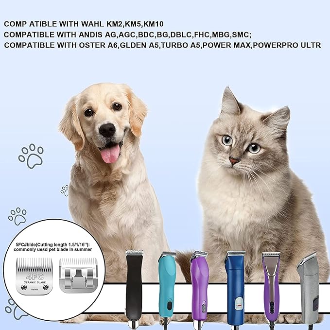4FC Blade Detachable Pet Clipper Replacement Blades, Ceramic and Stainless Steel, Compatible with Andis, Oster, and Wahl Clippers