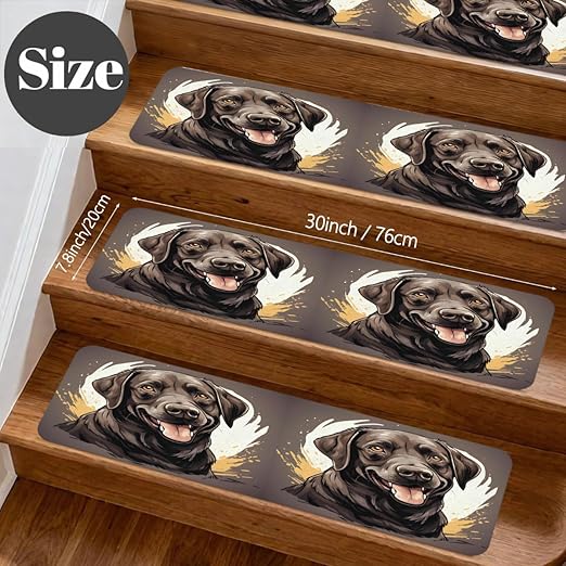 Animal Dog Gray Stair Treads for Wooden Steps Indoor Washable Staircase Carpet 15PCS 30"x7.8" Stair Step Treads Non-Slip Staircase Covers Peel and Stick Safety Mat for Kids Elders Pets