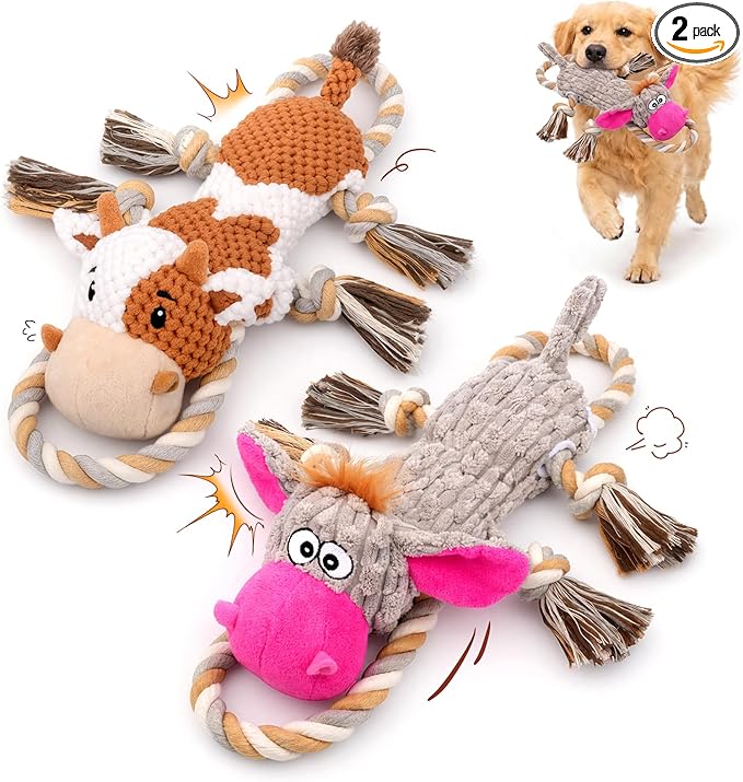 Squeaky Dog Toy Set - 2-Pack Crinkle No Stuffing Plush Dog Toys with Rope for Small to Large Dogs, Interactive Toys for Tug Play