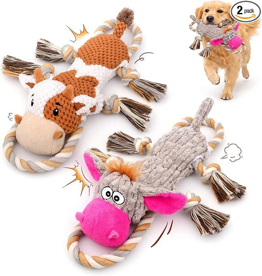 Squeaky Dog Toy Set - 2-Pack Crinkle No Stuffing Plush Dog Toys with Rope for Small to Large Dogs, Interactive Toys for Tug Play
