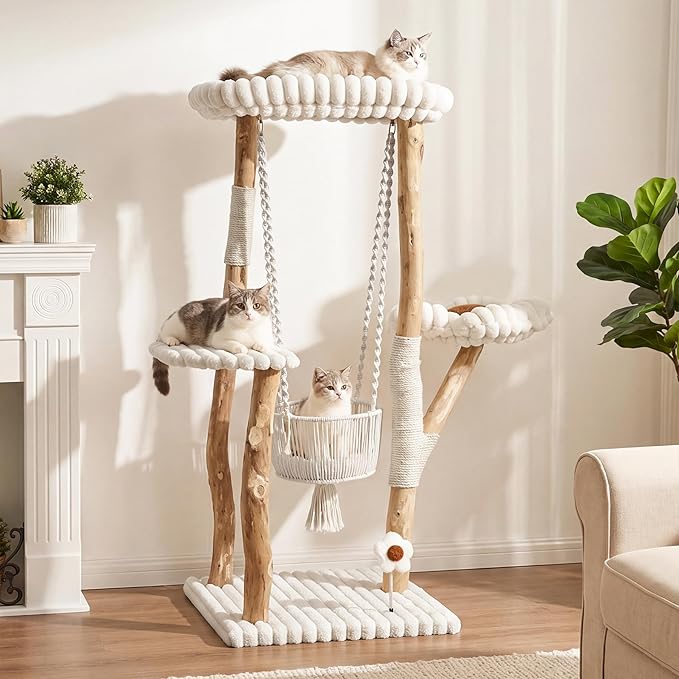 Solid Wood Cat Tree with Scratching Posts, 52 Inch Tall Cat Tower with Swinging Basket Hammock, Washable Cushion, Dangling Toy, Wood Climbing Cat Tree for Indoor Multi-Cats, Easy Assembly