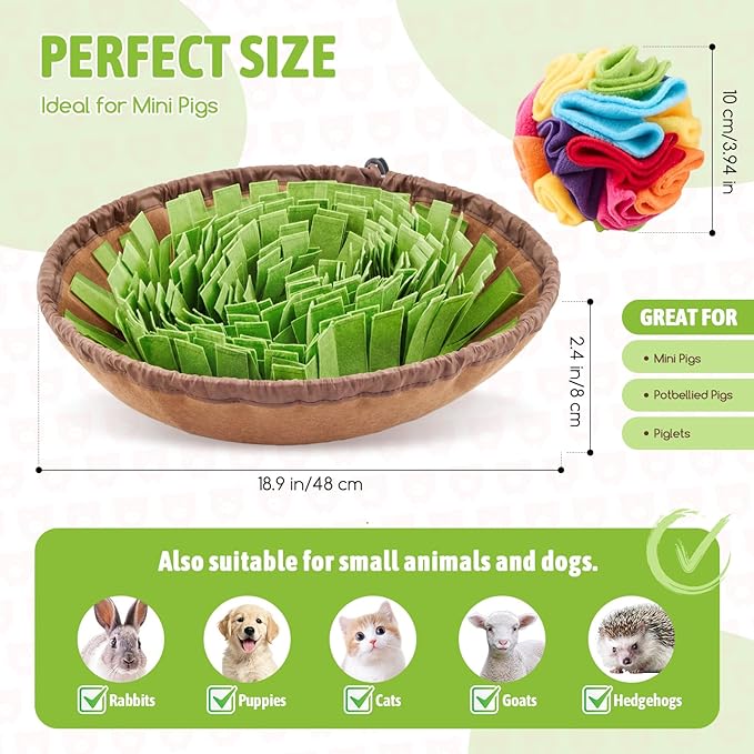 Pig Snuffle Mat and Snuffle Ball Kit for Mini Pigs, Potbellied Pigs, Interactive Rooting, Foraging, and Enrichment Toys, Slow Feeding, Portable Non-slip Mat and Ball for Pig Toys Accessories