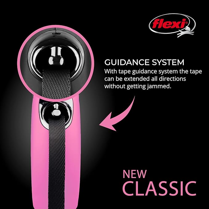 FLEXI New Classic Tape Retractable Dog Leash for Small Dogs Up to 33 lbs. – 16 ft., Pink Tangle-Free Pet Walking Leash with One-Handed Brake, Pause, Lock German Quality Product