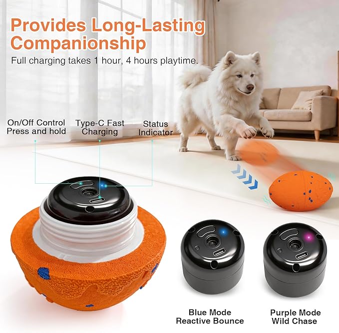 Interactive Dog Toy, Pet Ball Toys Automatic Moving Bouncing and Rotating, Solid E-TPU Material, IPX7 Waterproof Active Rolling Balls for Small, Medium and Large Dogs(Vorange)