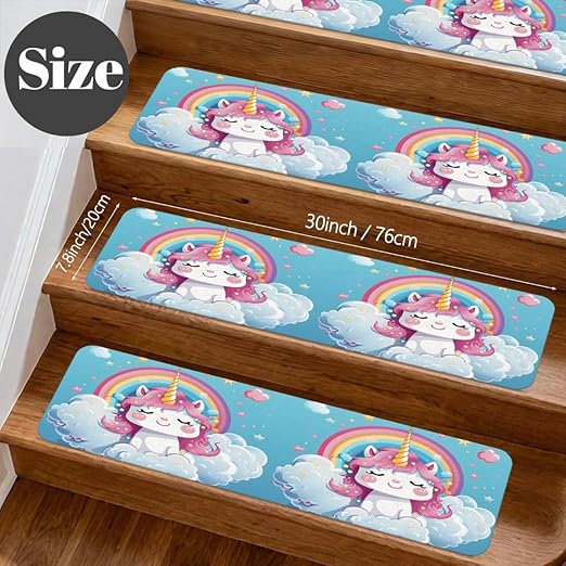 Animal Cartoon Unicorn Cute Stair Treads for Wooden Steps Indoor Washable Staircase Carpet 15PCS 30"x7.8" Stair Step Treads Non-Slip Staircase Covers Peel and Stick Safety Mat for Kids Elders Pets