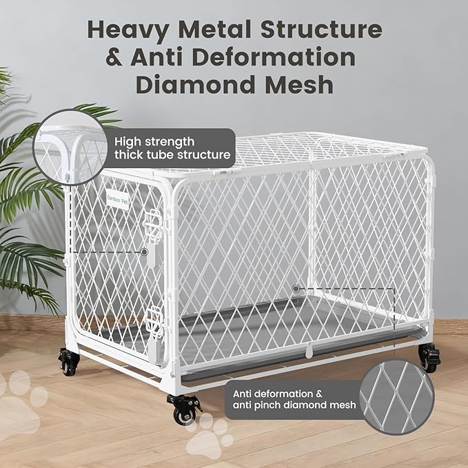 42 Inch Collapsible Dog Crate with Diamond Mesh, No-Tool Assembly Foldable Dog Kennel with 4 Lockable Wheels,Removable Tray,Portable Dog Cage for Medium/Large Dogs, Space-Saving, Indoor Outdoor Use