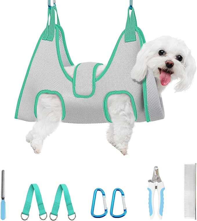 Dog Grooming Hammock, Adjustable Restraint Sling for Nail Trimming, Hands-Free Grooming Harness for Easy Bathing, Haircuts & Claw Care at Home, Grey S