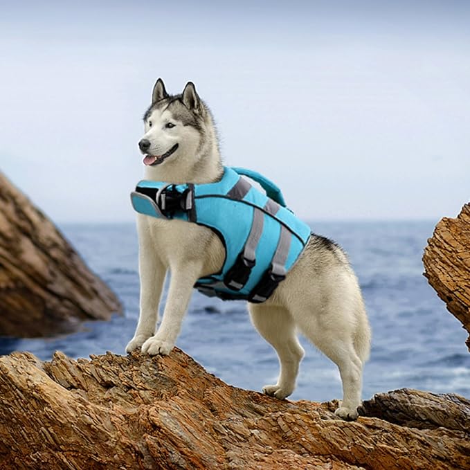 Kuoser Dog Life Jacket with Reflective Stripes, Dog Life Vest for Swimming Boating, Adjustable Pet Lifejackets with High Flotation, Doggie Swimsuit for Small Medium Large Dogs