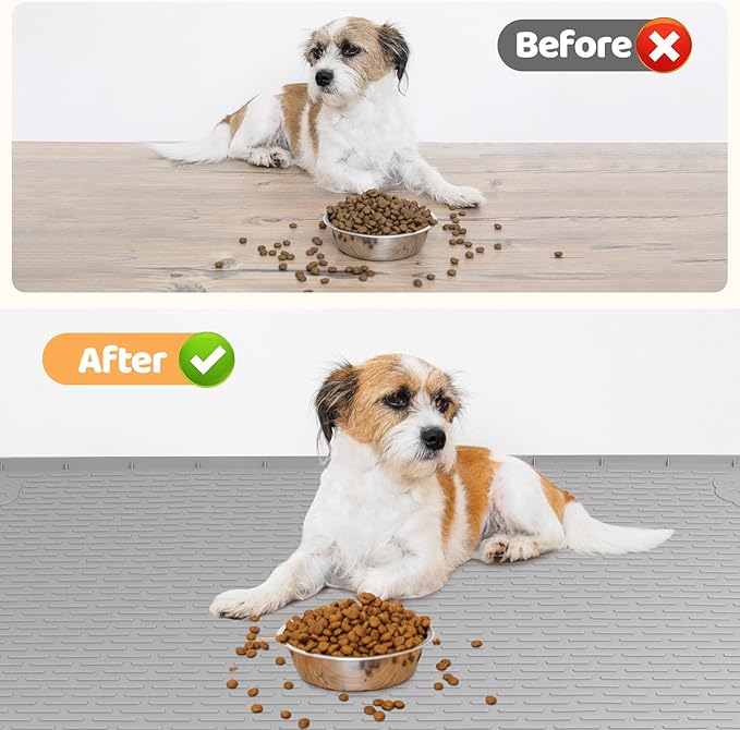 Dog Food Mat, Extra Large 70" x 45" Silicone Pet Feeding Mat with Raised Edge Pet Placemat for Small, Medium, and Large Pets Non-Slip, Easy to Clean (Light Grey)