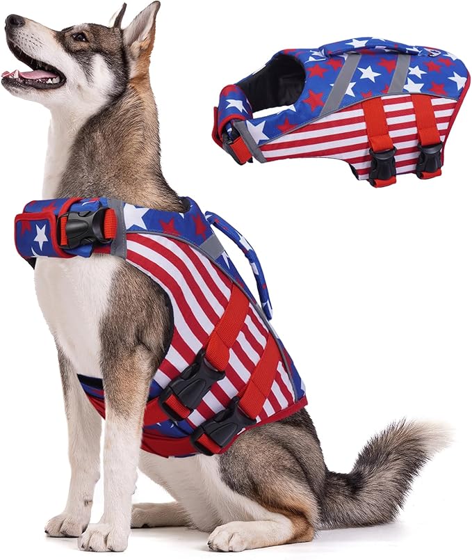 Kuoser Dog Life Jacket with Reflective Stripes, Dog Life Vest for Swimming Boating, Adjustable Pet Lifejackets with High Flotation, Doggie Swimsuit for Small Medium Large Dogs