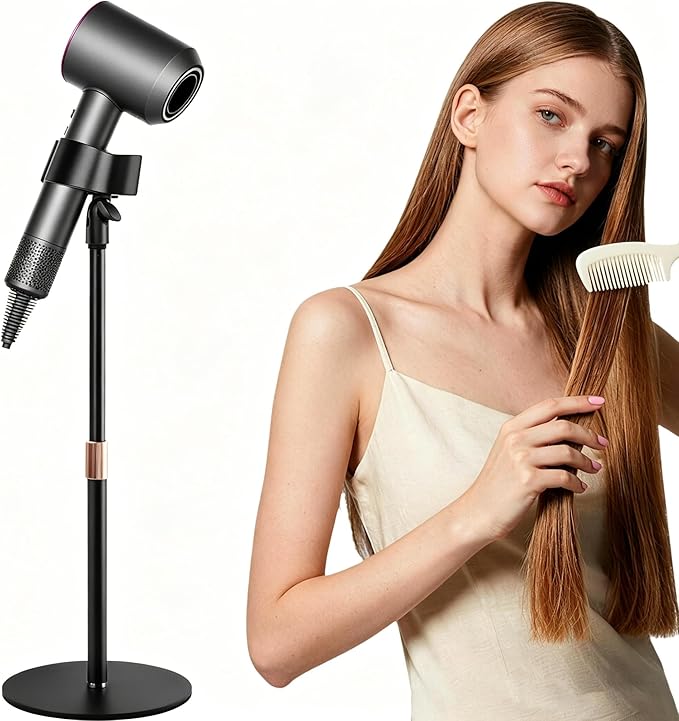 BILIONE Hair Dryer Stand Holder, Height Adjustable Countertop Blow Dryer Holder, 360° Rotating, Heavy Duty Non-Slip Base＆Universal Clip, Compatible with 99% of Hair Dryers