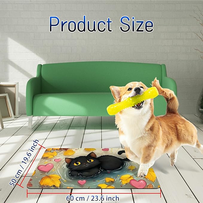 Dog Food Mat, 19.6" x 23.6" Absorbent Pet Feeding Mat for Food and Water, Waterproof Diatom Mud Pet Placemat with Non-Slip Rubber Backing, Cat Bowl Mat for Floors - Maple Leaf Black Cat