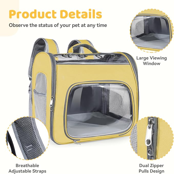 Cat Soft-Sided Carrier Backpack, Breathable Mesh Foldable Pet Travel Carrier with Reinforced Support, Portable Puppy Carrying for Kitty Up to 15lbs (Yellow)