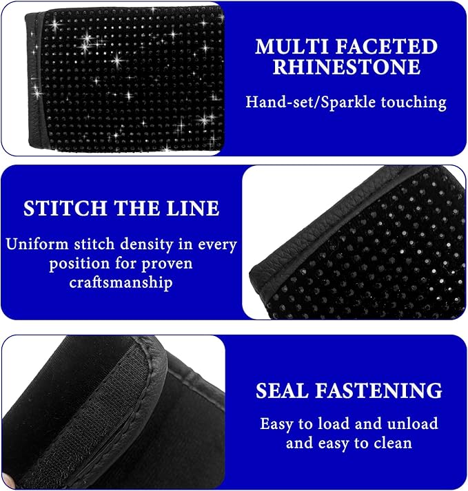 Wevdn 2 PCS Car Grab Handle Cover, Bling Rhinestone Handcraft Auto Door Handle Protector, Soft PU Leather Seat Belt Covers for Women Girls, Interior Accessories for Most Cars (Black)