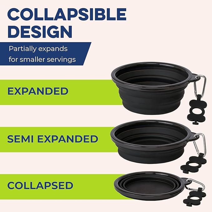 Bonza Collapsible Dog Bowls - 2 Pack, Small 12 oz, Dog Travel Accessories, Silicone Portable Dogs Bowl & Water Dish with Reinforced Rim & Carabiner for Hiking, Camping, and Car Trips, Light Gray