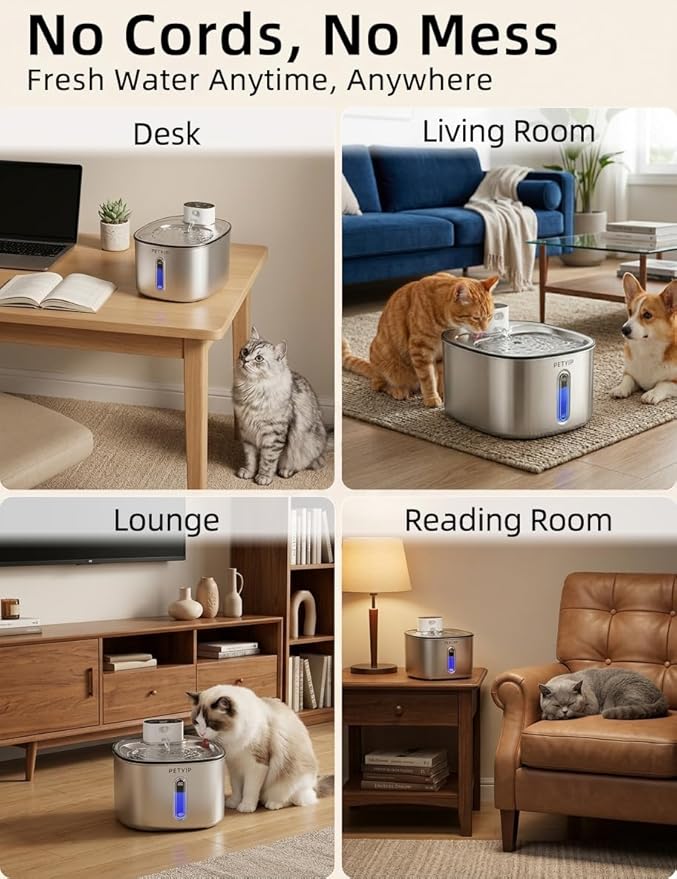 Wireless Cat Water Fountain Stainless Steel,135fl-oz/4L Battery Operated Automatic Pet Water Dispenser,Cordless Dog Water Fountain,Water Fountains for Cats Indoor,Ultra Quiet (Cat Fountain + 7 Filter)