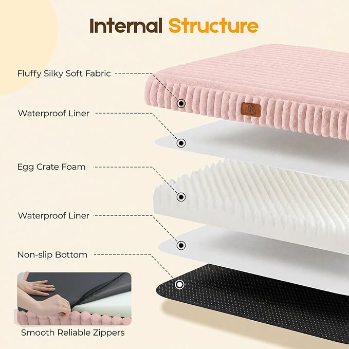 Orthopedic Dog Bed for Extra Large Dog, Waterproof Pet Bed,Non-Slip Bottom and Egg-Crate Foam with Removable Washable Cover Crate Bed,Pink,42"x30"x4"