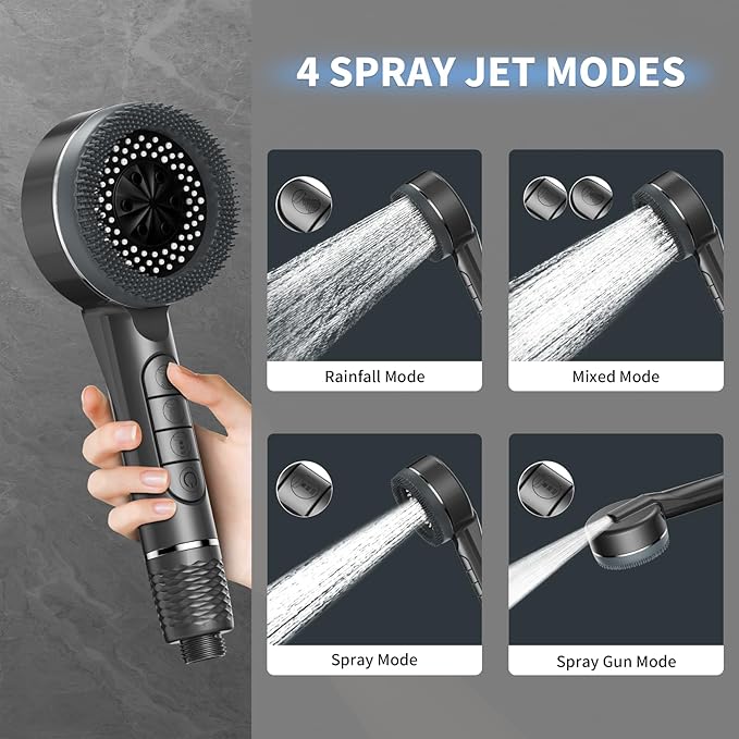 High Pressure Shower Head, Handheld Shower Head and Hose Set with 3 Filters, 59‘’ Hose & Bracket, 4 Spray Modes & Pause Switch, Hard Water Filtered Showerhead for Remove Residual Chlorine (Gray)