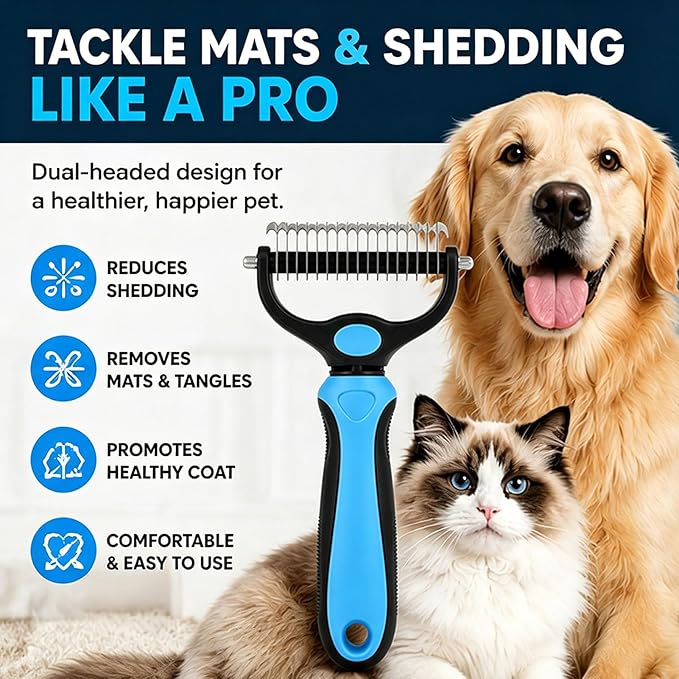 Pet Grooming Tool for Dogs & Cats, Includes Dual-Sided Dematting Comb & Stainless Steel Comb, Deshedding Brush for Long Hair, Thick & Double Coats, Pet Shedding & Loose Hair Removal Tool (Orange)
