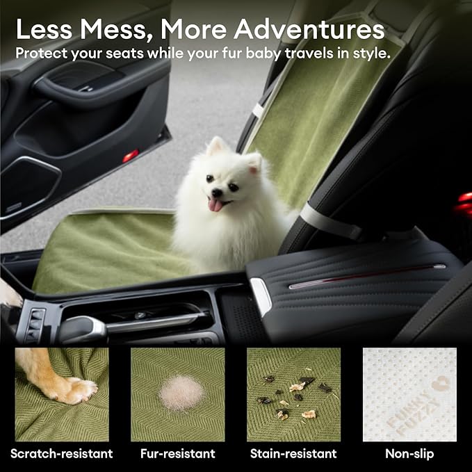 FUNNY FUZZY Dog Car Seat Cover for Front Seat, Dog Seat Cove Waterproof, Scratchproof Non-Slip Car Seat Protector, Universal Fit Most Cars, SUVs, Trucks, Green